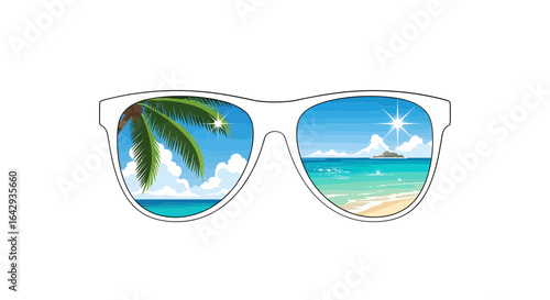 Sunglasses reflecting a tropical beach paradise. Vector illustration concept for summer vacation and travel.