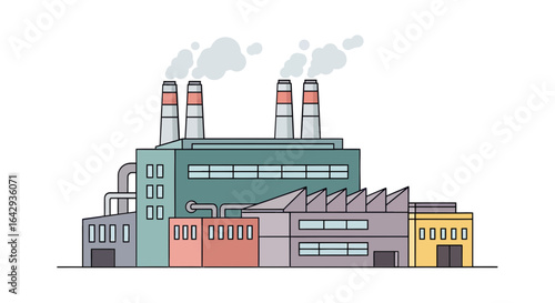Industrial factory building with smoking pipes, a modern manufacturing plant for processing raw materials. Vector line art illustration.