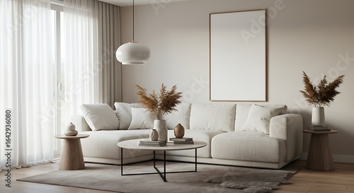 A calm and aesthetically pleasing room with minimalist furniture, a textured rug, and a muted, neutral palette.

