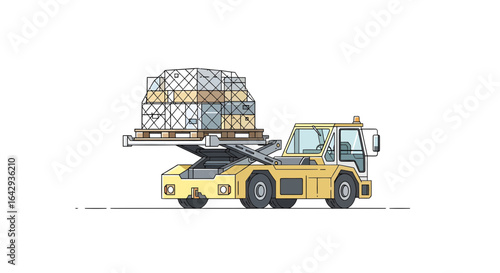 Airport ground support vehicle loading a pallet with cargo boxes. Illustration of an airfreight transporter machine.