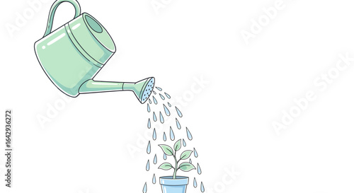 Illustration of a watering can nurturing a small plant in a pot. Concept of growth, care, gardening, and new beginnings.