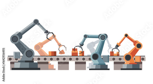 Automated conveyor belt with robotic arms working on a factory production line, an illustration of industrial manufacturing technology.