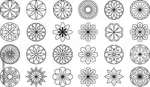 Vector art of collection of circular floral and geometric patterns isolated on white background