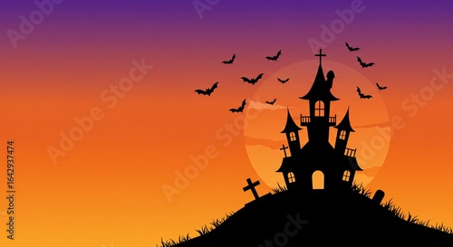 Flat design Halloween background, silhouette haunted house on a hill, bats flying in orange and purple gradient sky, minimalist style, clean shapes, vector illustration, 16:9