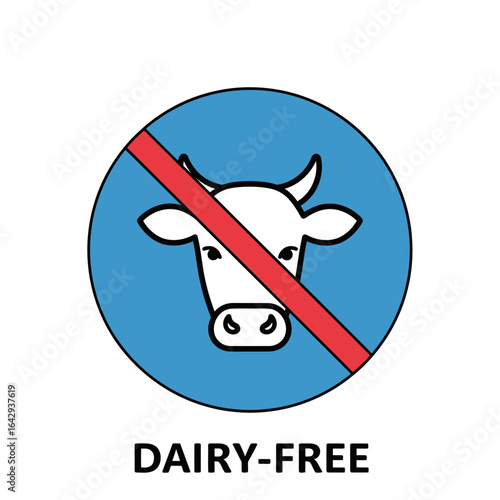 Dairy-free symbol featuring a cow icon with a red prohibition sign on a blue circle.