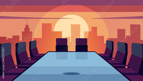 Boardroom with Panoramic Sunset Over City