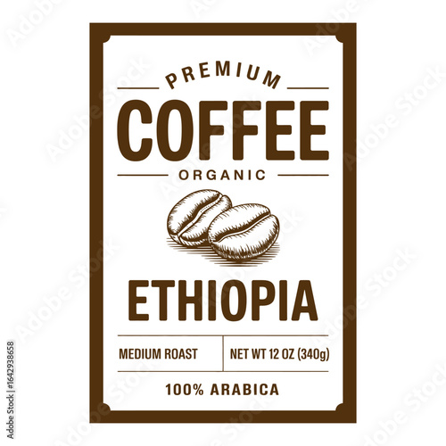 Vintage Ethiopia Coffee Label with Beans and Roast Details organic medium roast