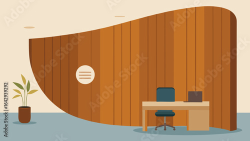 Office with Curved Walnut Wall Panel