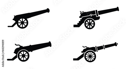 Set of black silhouettes of antique cannons on white background