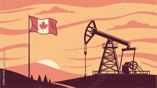 Canadian oil industry vector illustration with pump jack and flag for energy and resource exploration design