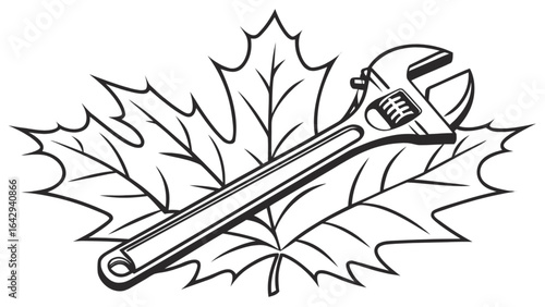 Wrench plumbing repair tool on maple leaf vector illustration service maintenance mechanic equipment industry 100