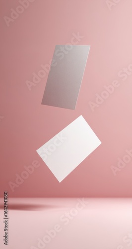 Two blank cards levitate against a blush pink backdrop