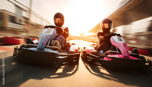 Boy and girl racing go-karts on outdoor track during sunset  
