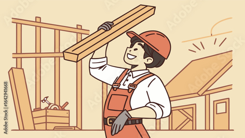 Construction worker carpenter building house with wood plank and tools vector illustration