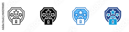 Certified Secure Multi Style Vector Icon Design - shield with stars and a padlock, indicating certified data security and trusted quality