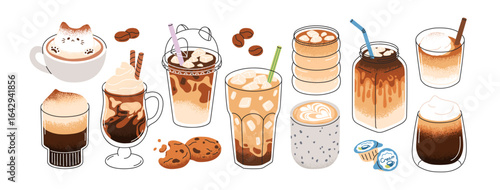 Coffee cups, glasses with cold iced and hot drinks. Caffeine beverages with milk and cream foam, latte art, cute cat topping, cappuccino. Flat vector illustrations isolated on white background