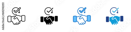 Trust Agreement Multi Style Vector Icon Design - Two hands shaking with a checkmark above, symbolizing a secure agreement or verified partnership