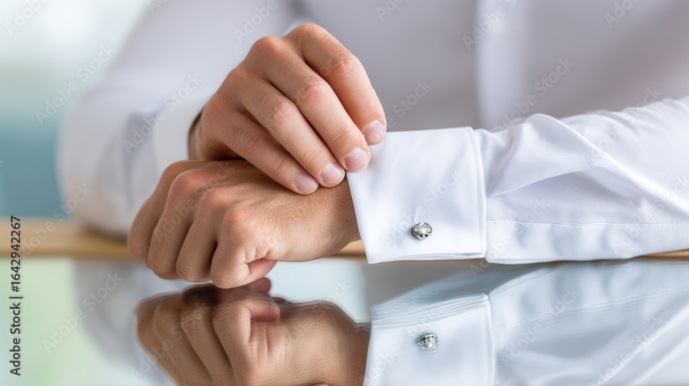 Obraz premium Professional businessman preparing cufflinks on pristine white shirt, showcasing refined corporate style and grooming personal meticulous