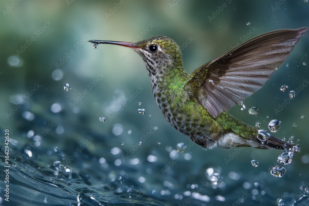 Fototapeta premium Hummingbird Water. Flying Hummingbird with Water Droplets in Nature Setting