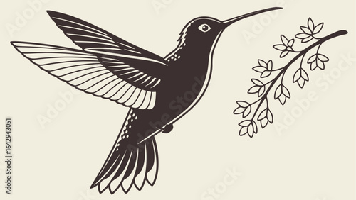 Illustration of a hummingbird in flight next to a branch with leaves in a vintage style design art 100 silhouette
