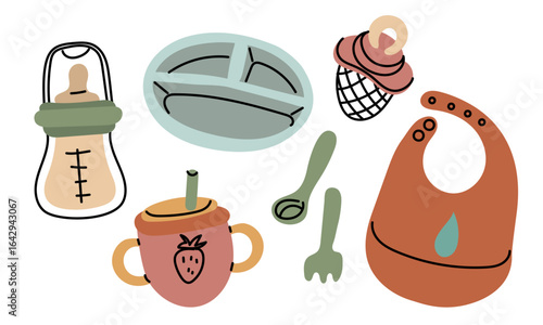 A set of items for feeding young children. A baby bottle, bib, cup, spoon, and plate. A flat color illustration with doodle drawings, a collection. Baby food products. Retro style in a modern setting