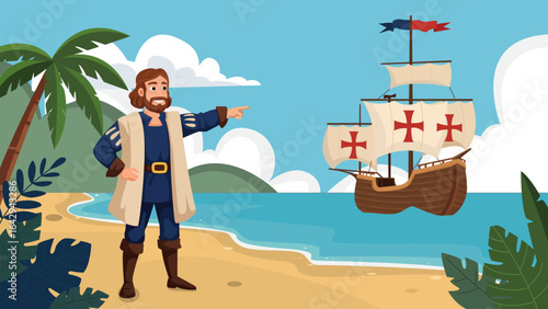 Happy Columbus Day On a Ship In the Ocean with Christopher Columbus Flat Vector Illustration