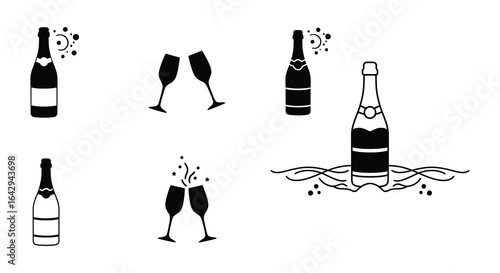 Black and white champagne bottle and glass silhouette icons collection