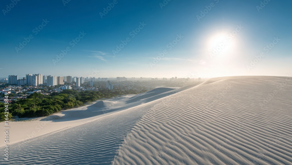Fototapeta premium Sandy dune overlooking city, bright sun