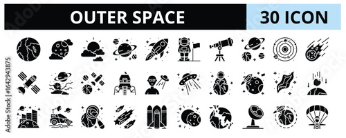 30 Outer Space Glyph Icons Vector - Planet, Sun, Galaxy, Astronaut, Meteor, Satellite, Meteor