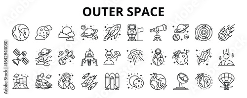 30 Outer Space Line Icons Vector - Planet, Sun, Galaxy, Astronaut, Meteor, Satellite, Meteor