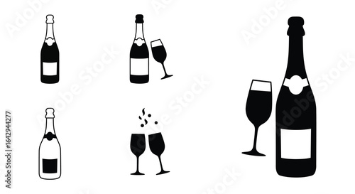 Black Silhouette Icons of Champagne Bottles and Glasses for Celebration