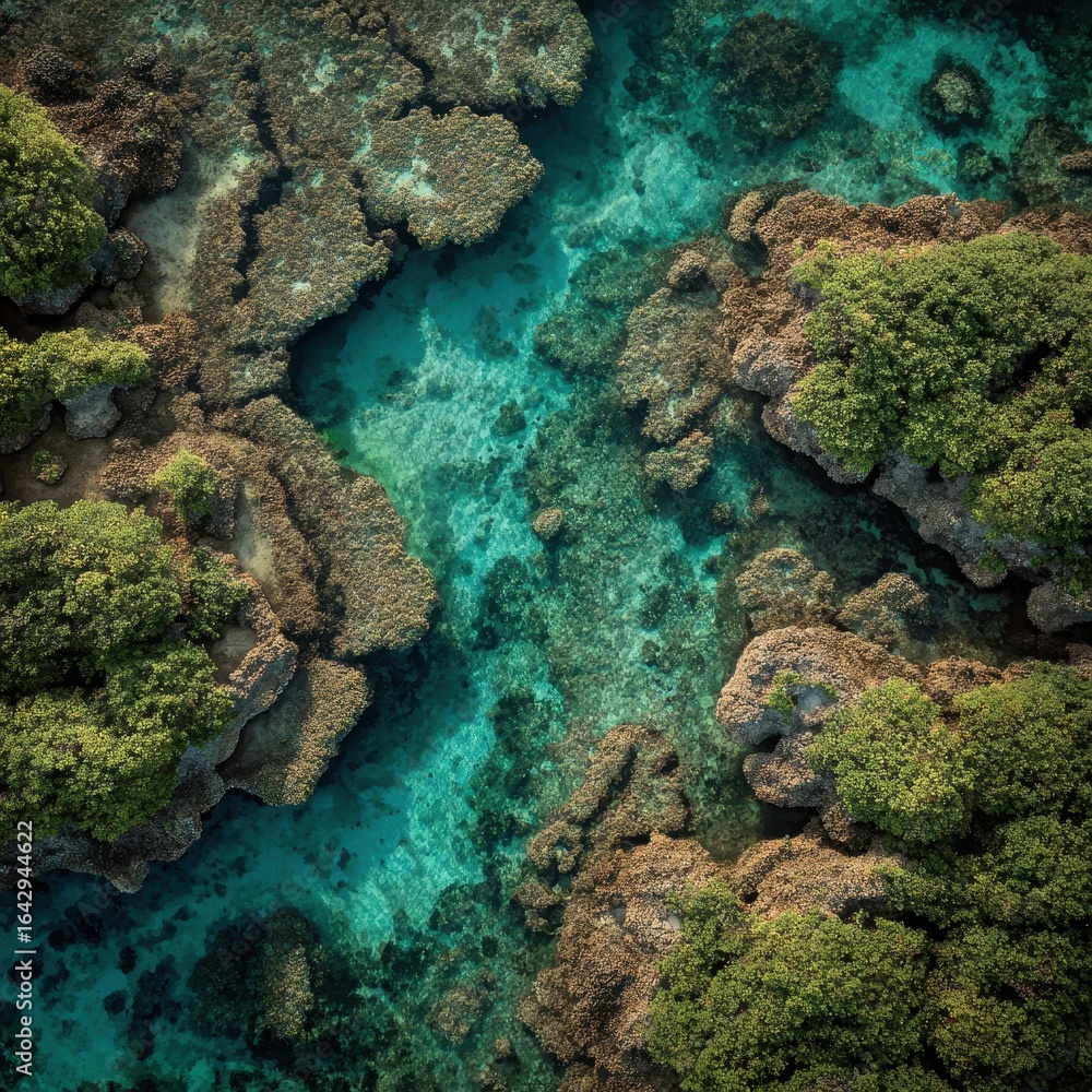 Obraz premium Drone of reef rocks & turquoise water, coastal erosion. Climate change concept