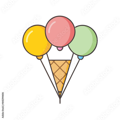 A waffle cone holding three scoops shaped like colorful helium balloons, strings tied to the cone. Whimsical and fun design for food lovers.