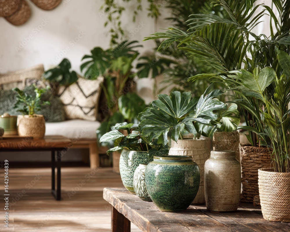 Fototapeta premium Jungle Magazine. Stylish Composition of Houseplants and Decorations in Living Room Green Background