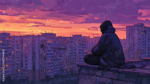 A teenager sitting on a rooftop wrapped in a blanket