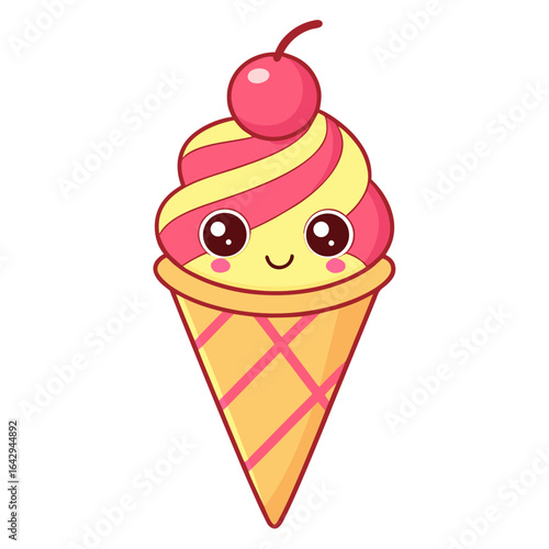 Cute kawaii ice cream cone with cherry topping