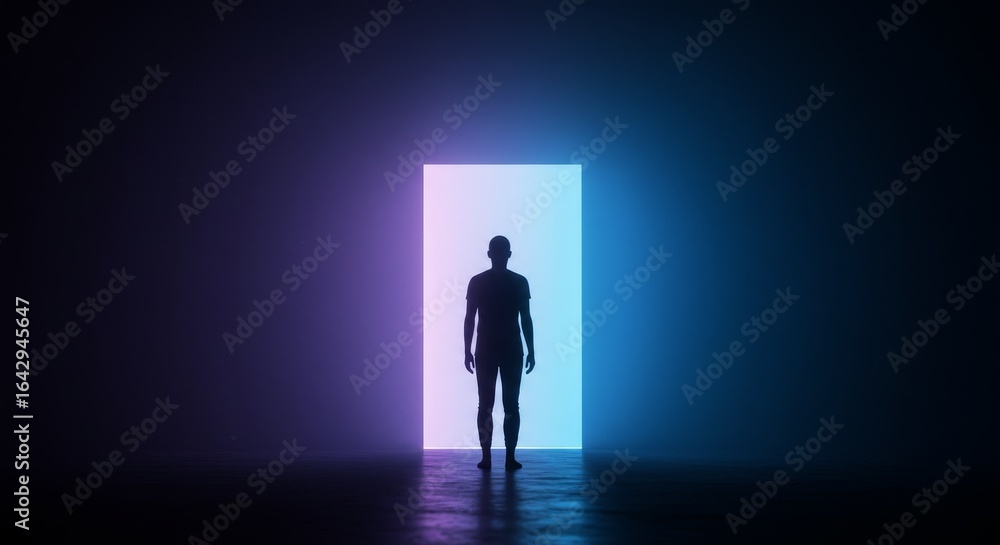 Fototapeta premium Silhouette Figure Standing Before Neon Lit Doorway