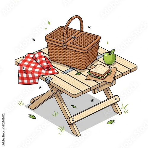 A picnic scene showing a basket, apple, sandwich, and checkered cloth on a small wooden folding table, with scattered leaves and flies.