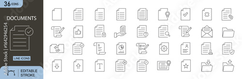Documents icons set. Includes icons for files, folders, reports, contracts, certificates, paper sheets, and archive concepts. Editable stroke. Line icons. Perfect for infographics and office designs.