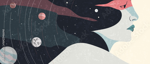 Astrology, astronomy banner, inner world exploration concept, modern science. Universe with planets and orbits and woman portrait. Flat vector illustration.