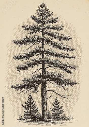Hand-drawn pine tree sketch on parchment