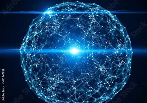 Abstract glowing blue network sphere with bright center