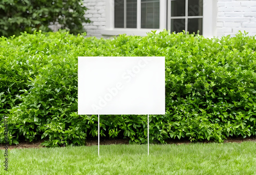 Yard sign mockup near the green bushes. Blank yard sign on green grass
