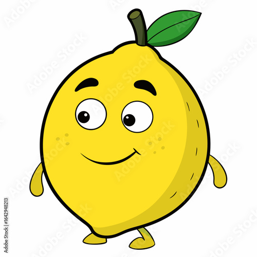 Cheerful cartoon lemon character with leaf and limbs