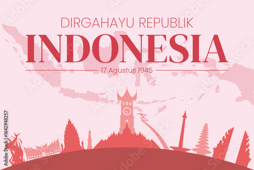 Hari kemerdekaan indonesia celebrates independence with monuments and map background for design projects related to indonesian freedom celebrations.