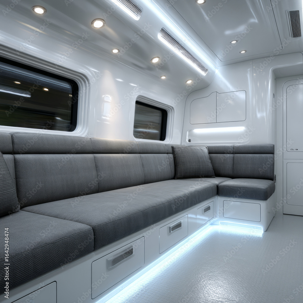 Modern van interior with sleek white design and cozy seating. Modern van interior with sleek white design and cozy seating.
