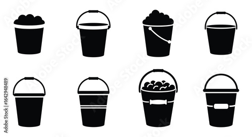 Collection of black bucket icons with various handles and contents