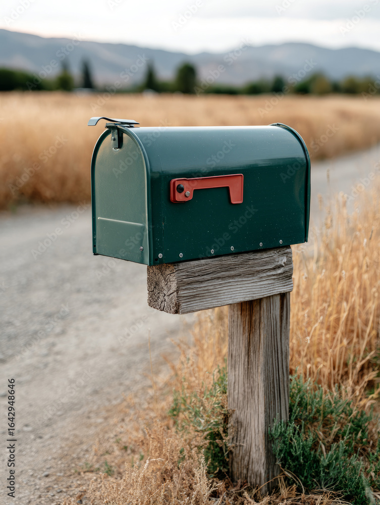 Green mailbox on a rural roadside against a field backdrop. Green mailbox on a rural roadside against a field backdrop.