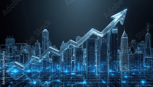Business graph showing growth, Rising graph arrows in virtual hologram cityscape.