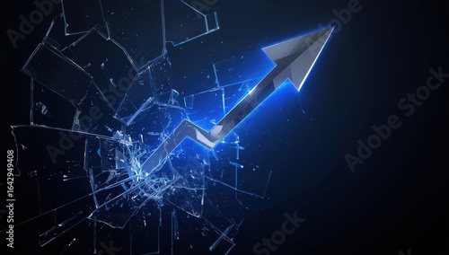 Graph arrow breaking through abstract glass wall.